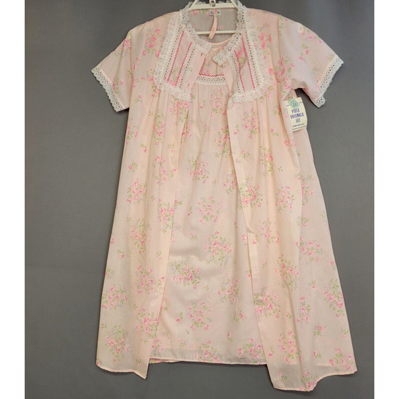 Vintage Bernette 2 Piece Robe Nightgown Womens M Pink Floral Lace Buttons New - Picture 1 of 14